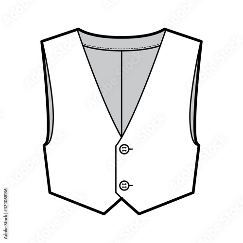 Short vest waistcoat technical fashion illustration with sleeveless, cropped length, V-neckline, button-up closure. Flat apparel template front, white color style. Women, men, unisex top CAD mockup