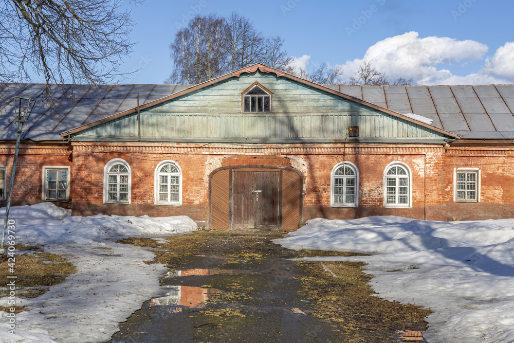 Part of the abandoned facade of the Apraksin Manor. Classicism of the late 18th century. Object of the cultural heritage of the peoples of the Russian Federation. Olgovo, Dmitrov region, Russia