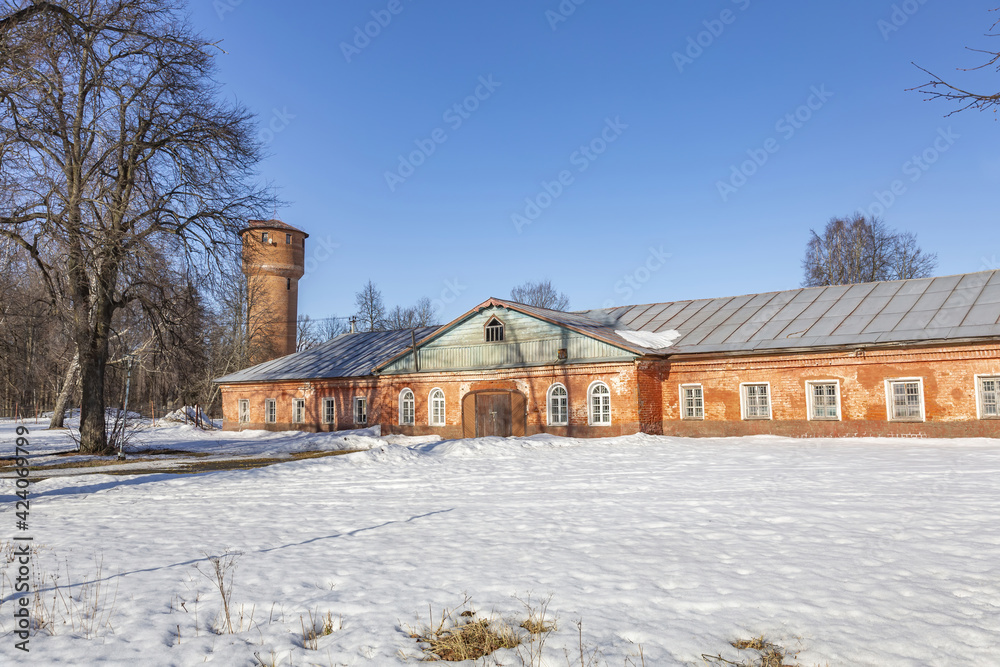 Part of the abandoned facade of the Apraksin Manor. Classicism of the late 18th century. Object of the cultural heritage of the peoples of the Russian Federation. Olgovo, Dmitrov region, Russia