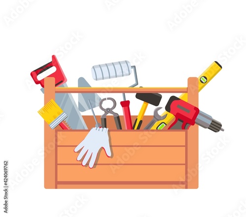Toolbox with equipment. Wooden toolkit box with saw, drill, brush trowel and building level. House repair tools. Maintenance vector concept