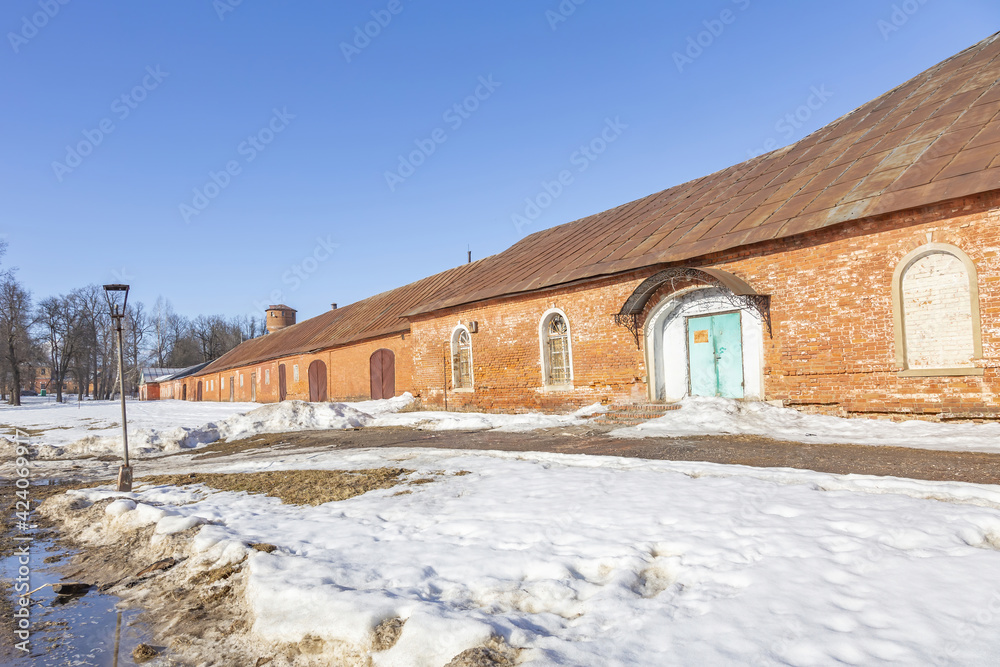 Part of the abandoned facade of the Apraksin Manor. Classicism of the late 18th century. Object of the cultural heritage of the peoples of the Russian Federation. Olgovo, Dmitrov region, Russia