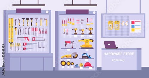 Hardware store interior. Shop with counter, shelves with assortment, instruments for home repair. Construction tools offer vector concept
