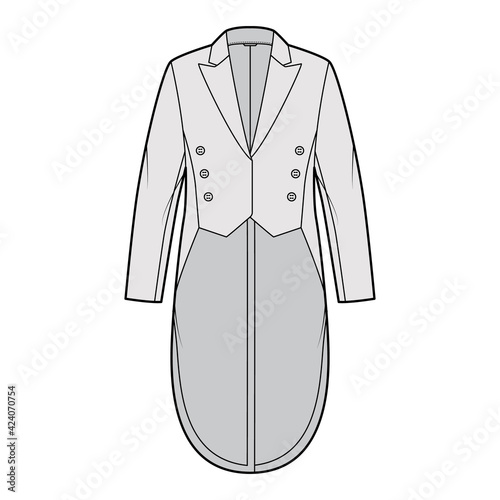 Dinner jacket tuxedo technical fashion illustration with double breasted, long sleeves, peaked collar, low high hem. Flat coat template front, grey color style. Women, men, unisex top CAD mockup