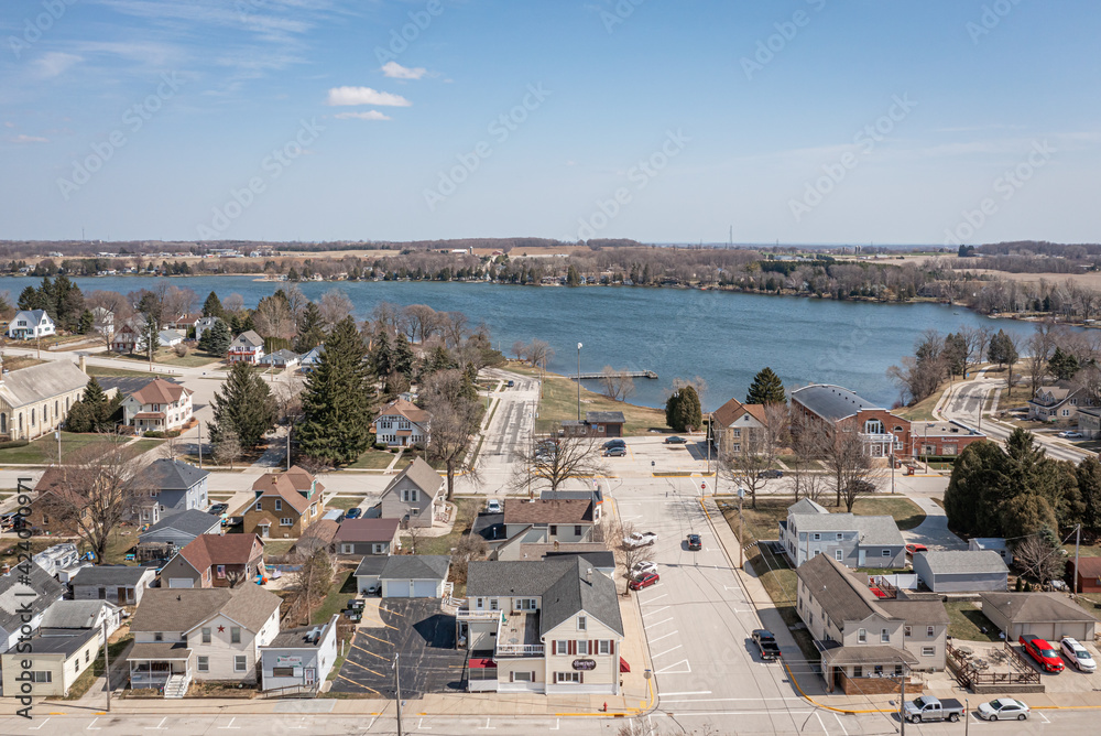 Random Lake, WI USA - March 30, 2021: Aerial view downtown Random Lake WI looking east.