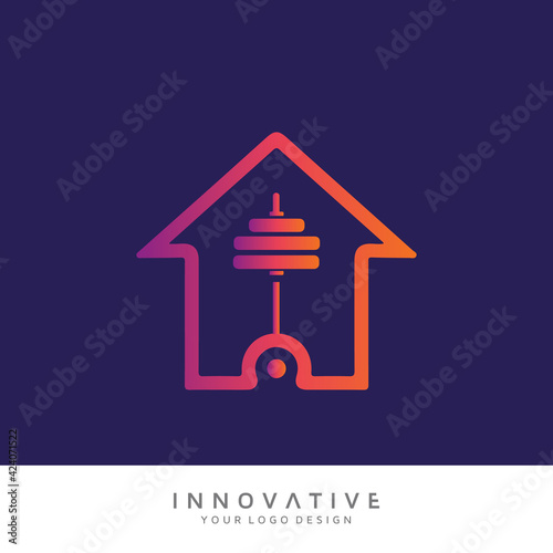 Gym center and home icon with dumbbell icon. Vector logo design template