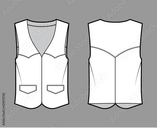 Western vest waistcoat technical fashion illustration with sleeveless, yoke, flap pockets, fitted body . Flat apparel template front, back, white color style. Women, men, unisex top CAD mockup