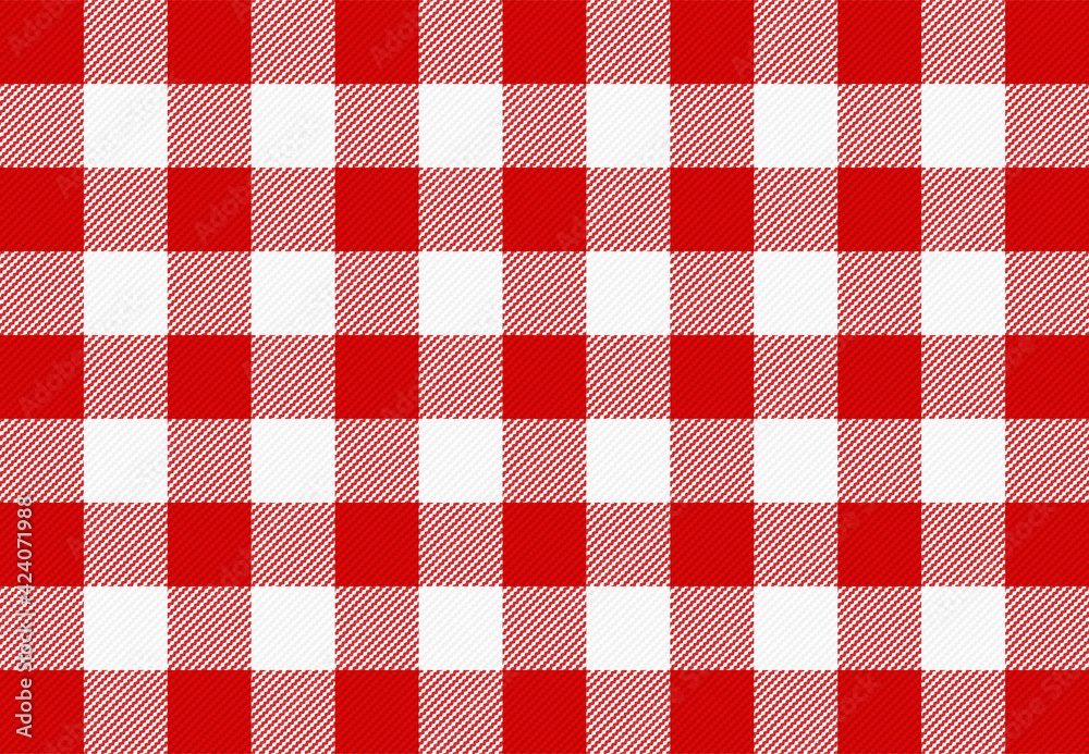 Red and white checkered gingham pattern. Texture for paper, plaid, clothes, napkin, shirts, blankets, quilts and other textile products Red and white checkered gingham pattern. Texture for paper, plaid, clothes, napkin, shirts, blankets, quilts and other textile products