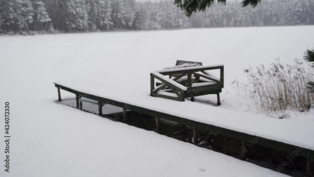 Cinematic Slow Motion View on Winter Day Scene with Frozen Lake and Empty Benches on a Pier Cinematic Slow Motion View on Winter Day Scene with Frozen Lake and Empty Benches on a Pier