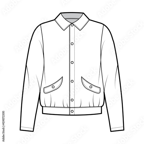 Blouson jacket technical fashion illustration with classic collar, oversized, long sleeves, flap pockets, snap buttons fastening. Flat coat template front, white color. Women men unisex top CAD mockup