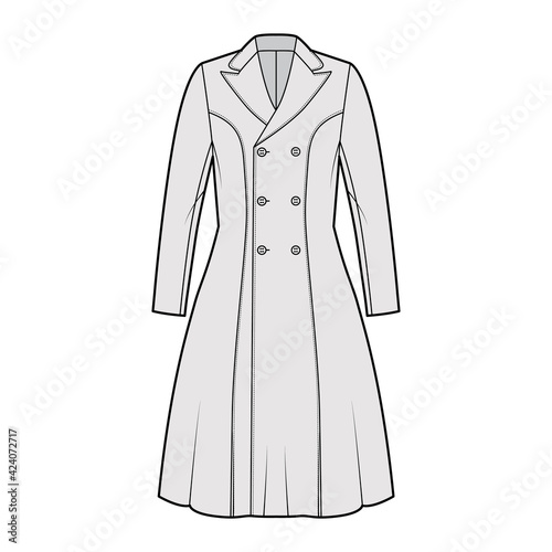 Princess line coat technical fashion illustration with double breasted, fitted body, long sleeves, peak lapel collar, knee length. Flat jacket template front, grey color style. Women, men, CAD mockup