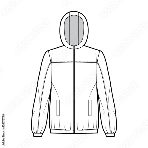Windbreaker jacket technical fashion illustration with hood, oversized, long sleeves, welt pockets, zip-up opening. Flat coat template front, white color style. Women, men, unisex top CAD mockup