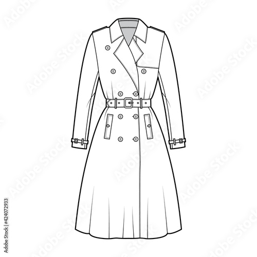 Full Trench coat technical fashion illustration with belt, long sleeves, napoleon wide collar, knee length, storm flap. Flat jacket template front, white color style. Women, men, unisex top CAD mockup