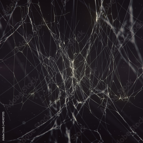 Spider net mysterious composition surrounded by flying particles on dark background. 3d rendering illustration