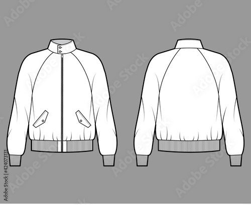 Zip-up Harrington Bomber jacket technical fashion illustration with Rib cuffs, oversized, long raglan sleeves, flap pockets. Flat coat template front, back white color. Women men unisex top CAD mockup