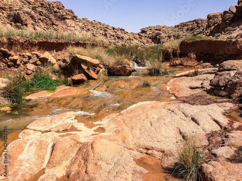 Zaida, Morocco - April 10, 2015. Feeder of the river Moulouya with orange color