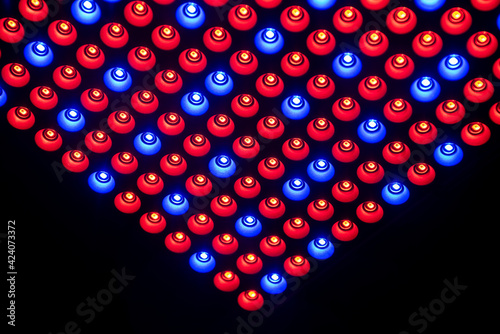 Abstract background of red and blue LED lights. The colourful texture of round shapes on black background.