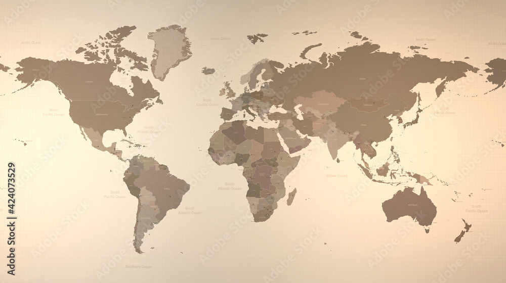 World map. High resolution, detailed vintage world map 3d illustration.