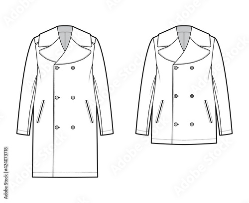 Set of reefer Pea coats technical fashion illustration with double breasted, oversized Stand up collar, jetted pockets. Flat jacket template front, white color style. Women, men, unisex top CAD mockup