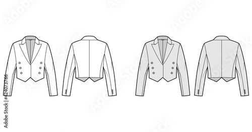 Mess eton jacket spencer technical fashion illustration with non-fastening double breast cut, long sleeves, crop waist length. Flat coat template front, back, white, grey color. Women, men top CAD