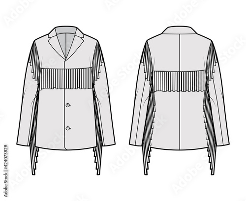 Western jacket technical fashion illustration with fringe, oversized, long sleeves, notched collar, button opening, yoke. Flat coat template front, back, grey color style. Women, men unisex CAD mockup
