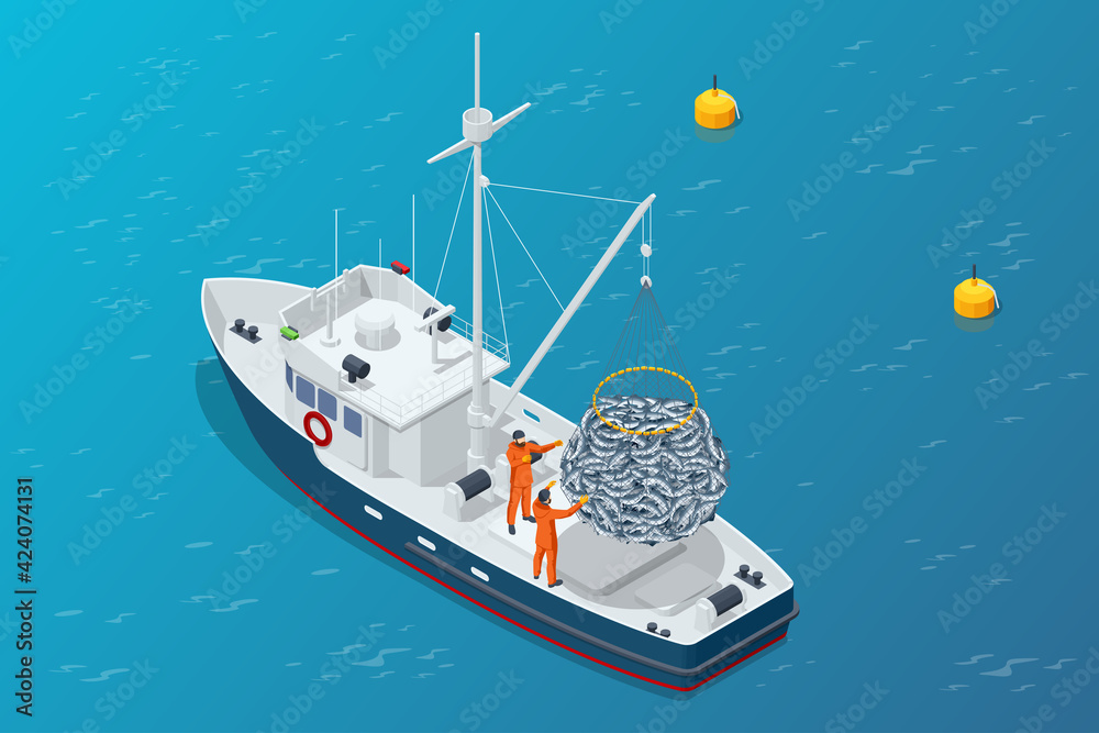 Isometric shipping seafood industry boat isolated on white background. Commercial ocean transportation Sea fishing, ship marine industry, fish boat. Fishing boat, fishing vessel. - obrazy, fototapety, plakaty 
