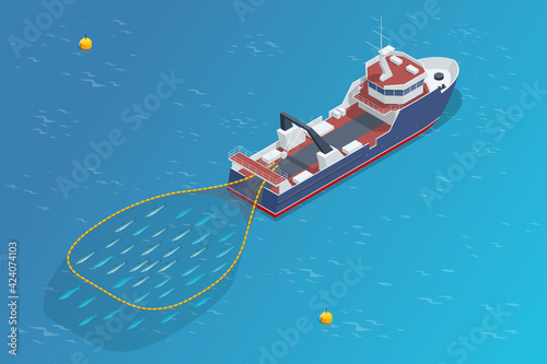 Isometric shipping seafood industry boat isolated on white background. Commercial ocean transportation Sea fishing, ship marine industry, fish boat. Fishing boat, fishing vessel.