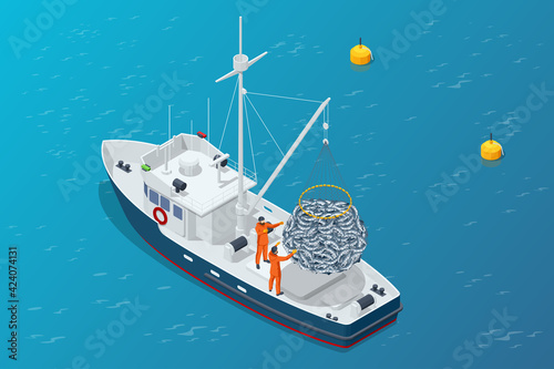 Isometric shipping seafood industry boat isolated on white background. Commercial ocean transportation Sea fishing, ship marine industry, fish boat. Fishing boat, fishing vessel.