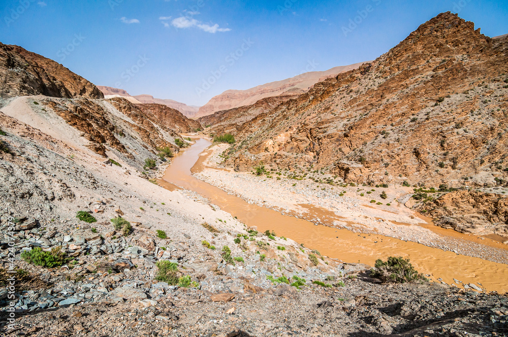 Orange River Moulouya (Oued) around Aouli mines near Midelt in Morocco after rain