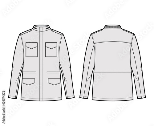 M-65 field jacket technical fashion illustration with oversized, stand collar, hide hood, flap pockets, epaulettes. Flat coat template front, back, grey color style. Women men unisex top CAD mockup