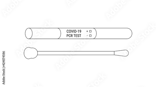 Covid 19 pcr test. Outline vector coronavirus blank test tube icon. Swab of nasal and throat saliva in a glass flask . Medical kit
