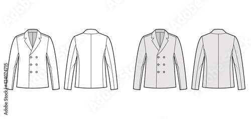 Blazer coat technical fashion illustration with long sleeves, fingertip length, notched shawl collar. Flat jacket template front, back, white, grey color style. Women, men, unisex top CAD mockup