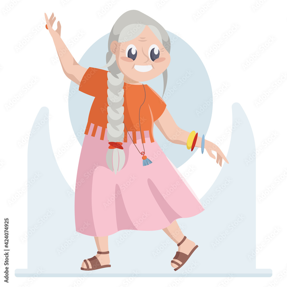 Hippie elderly woman. Smiling old female person Hippie elderly woman. Smiling old female person