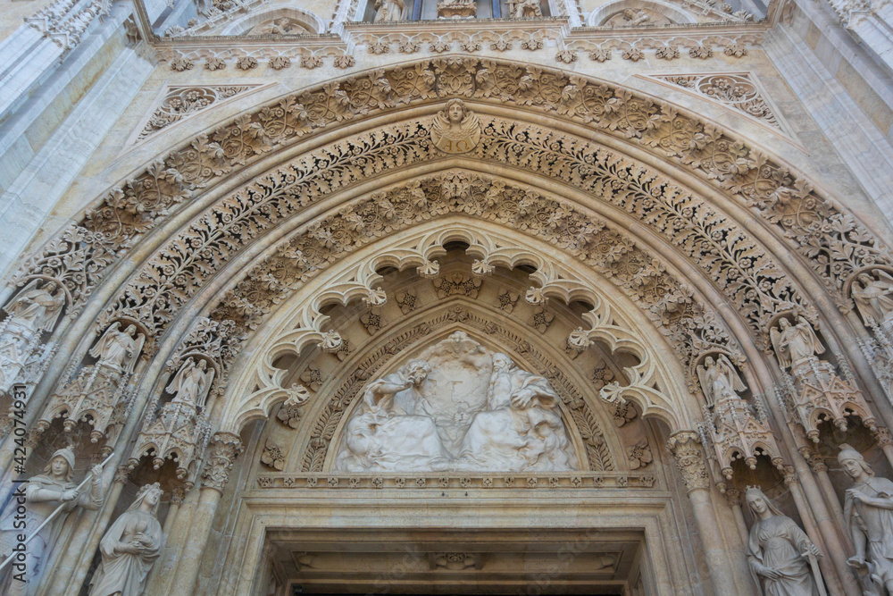 Carvings on the entrance to the cathedral in the city of Zagreb, Croatia