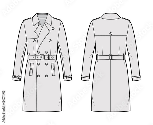 Trench coat technical fashion illustration with belt, double breasted, long sleeves, knee length, storm flap. Flat jacket template front, back, grey color style. Women, men, unisex top CAD mockup