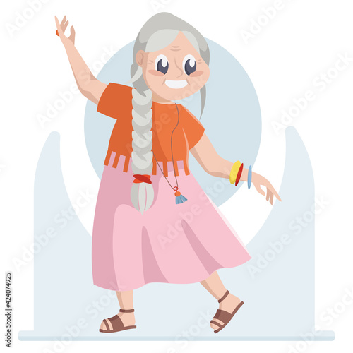 Hippie elderly woman. Smiling old female person