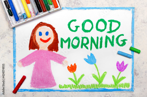 Colorful drawing: Happy smiling woman and words: Good Morning.