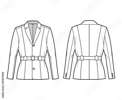 Belted jacket technical fashion illustration with belt, oversized, long sleeves, notched collar, button opening. Flat coat template front, back, white color style. Women, men, unisex top CAD mockup