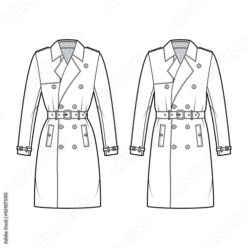 Set of Trench coats technical fashion illustration with belt, double breasted, long sleeves, napoleon wide lapel collar, knee length, storm flap. Flat jacket template front, white color. Women men CAD