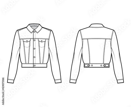Cropped denim jacket technical fashion illustration with full waist length, flap pockets, button closure, collar, long sleeves. Flat apparel front, back, white color style. Women men unisex CAD mockup
