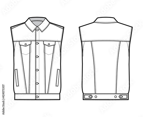 Standard denim vest technical fashion illustration with oversized body, flap welt pockets, button closure, classic collar, sleeveless. Flat apparel front, back, white color style. Women men CAD mockup