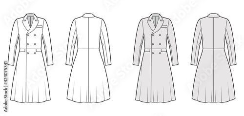 Frock coat technical fashion illustration with long sleeves, round collar peak, knee length, A-line skirt. Flat jacket template front, back, white, grey color style. Women, men, unisex top CAD mockup