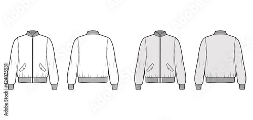 Zip-up Bomber ma-1 flight jacket technical fashion illustration with Rib baseball collar, cuffs, long sleeves, flap pockets. Flat template front, back white grey color. Women men unisex top CAD mockup