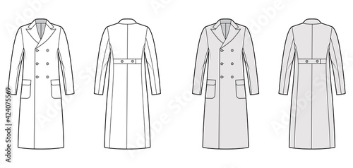 Polo coat technical fashion illustration with double breasted, midi length, round peak collar, flap patch pockets. Flat camel hair jacket template front, back, white, grey color style. Women, men, CAD