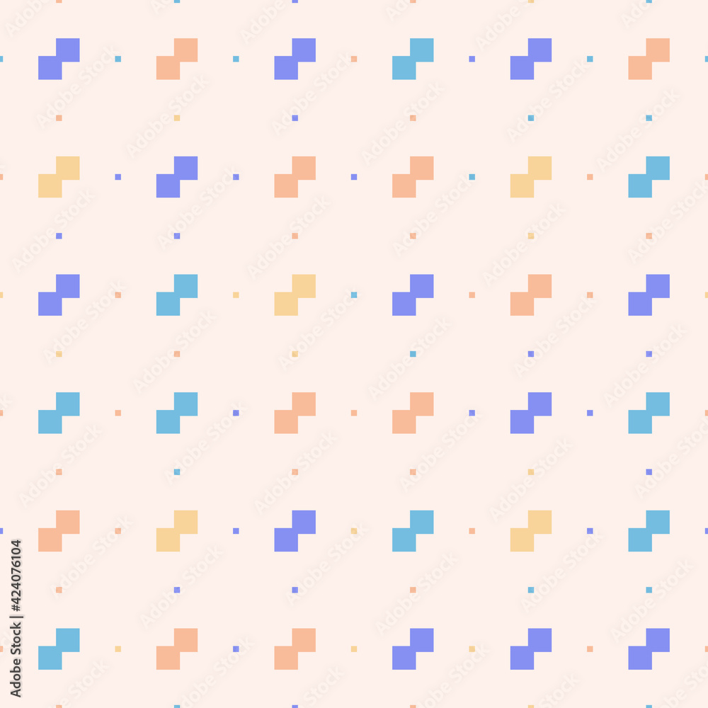 Vector minimalist seamless pattern. Pixel art style. Simple minimal texture with small squares, colorful pixels on white backdrop. Stylish abstract background. 1990s fashion style. Repeated design