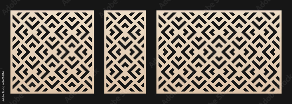 Decorative panels for laser cutting. Cutout silhouette with abstract  geometric pattern, squares, triangles, grid. Laser cut stencil for wood,  metal, plastic, paper, acrylic. Aspect ratio 1:2, 1:1, 3:2 vector de Stock  | Adobe Stock