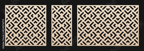 Decorative panels for laser cutting. Cutout silhouette with abstract geometric pattern, squares, triangles, grid. Laser cut stencil for wood, metal, plastic, paper, acrylic. Aspect ratio 1:2, 1:1, 3:2