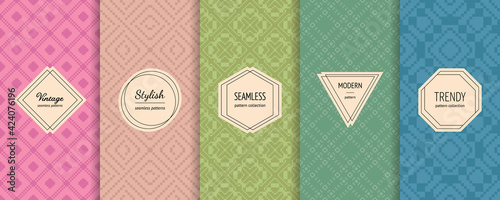 Vector set of vintage seamless patterns in traditional ethnic style. Abstract backgrounds with elegant minimal stickers.  Retro geometric ornament in trendy pastel colors. Modern Nordic textures