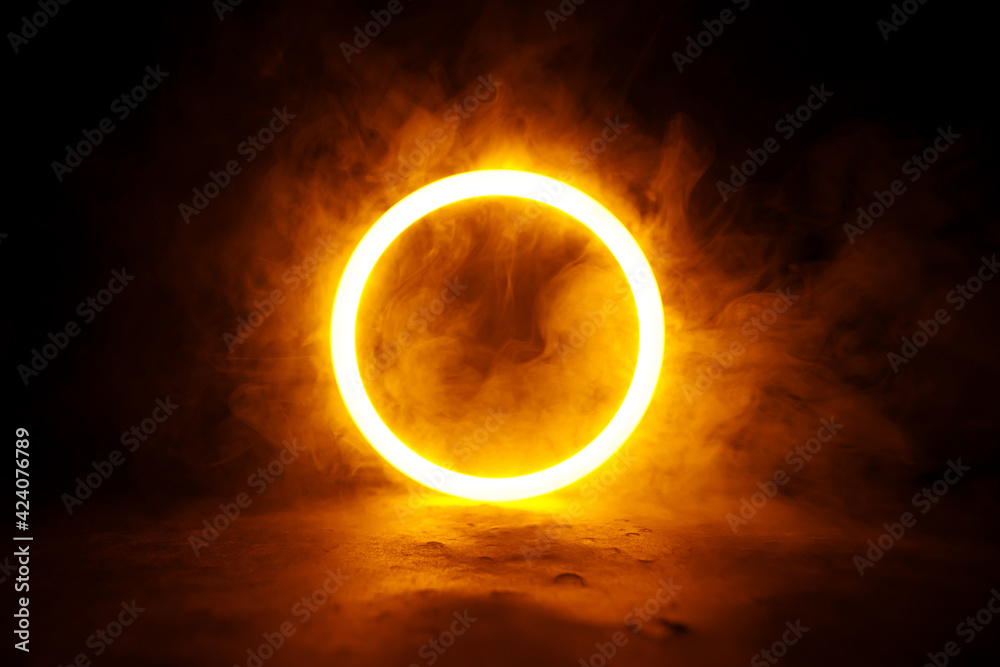 Sci Fi modern. Futuristic smoke. Neon color geometric circle on a dark background. Round mystical portal. Sci Fi modern. Futuristic smoke. Neon color geometric circle on a dark background. Round mystical portal.