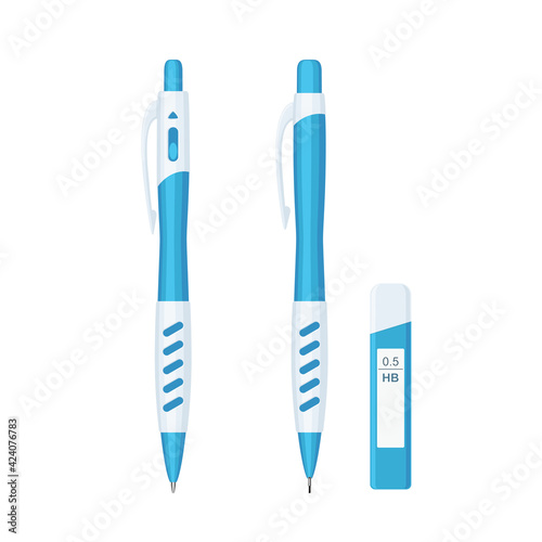 Automatic ballpoint pen and mechanical pencil in blue and white case set. Vector illustration