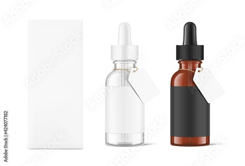 Dropper bottle mockups with labels isolated on white background. Vector illustration. Front view. Сan be used for cosmetic, medical and other needs. EPS10.